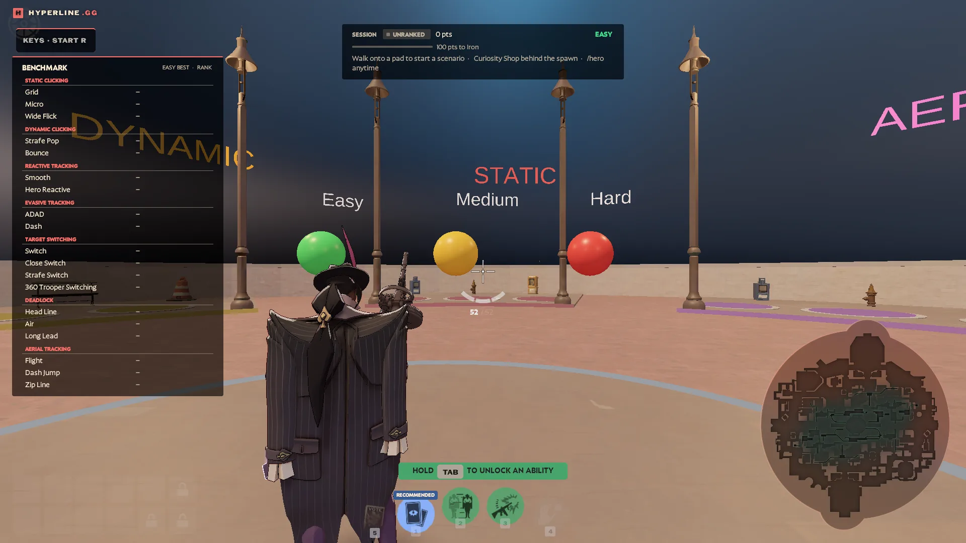The Aim Range hub, with Easy, Medium and Hard pads for the static scenarios and the benchmark list of every scenario