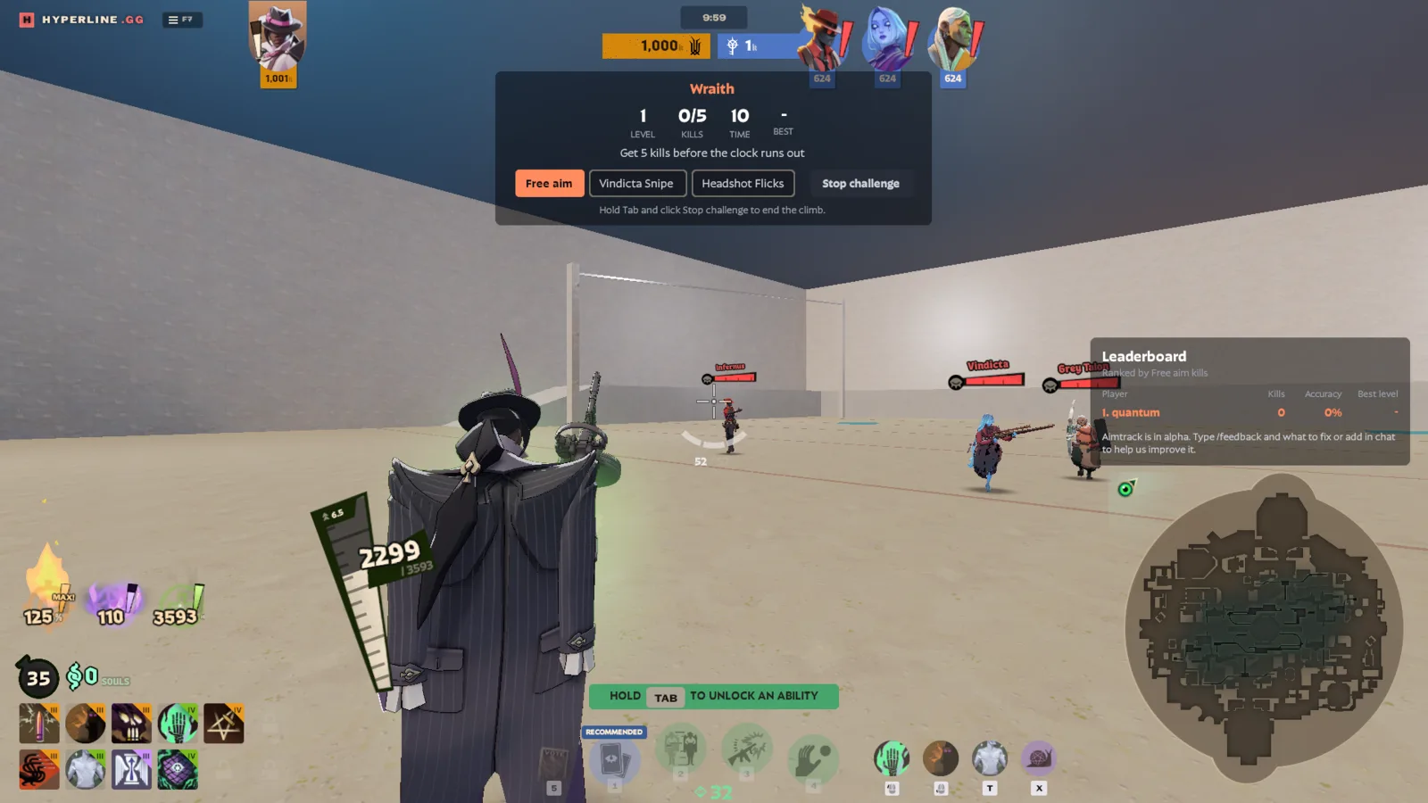 An Aimtrack challenge on level 1: a Vindicta, a Grey Talon and a third bot strafe across the yard toward Wraith