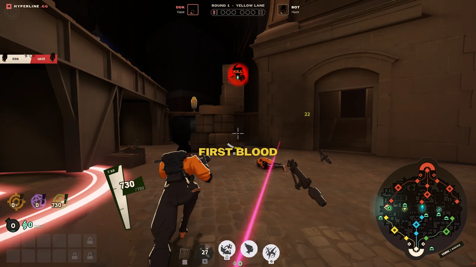 First blood in a Cursed Arena round on Yellow Lane, with the round score, the fallen Haze bot and the lane minimap on screen