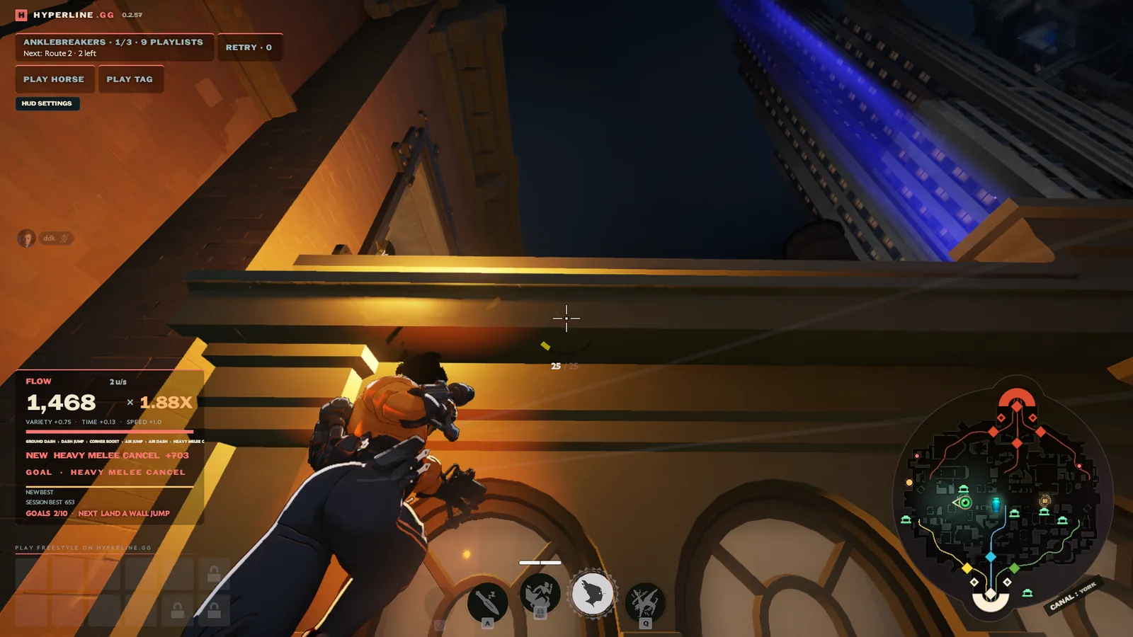 A Freestyle player landing a heavy melee cancel on a sunlit ledge, with the flow score at 1.88x